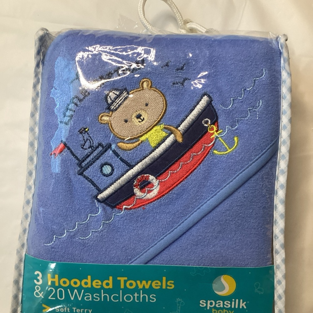Spasilk Baby Blue Hooded Towels & Washcloths Set